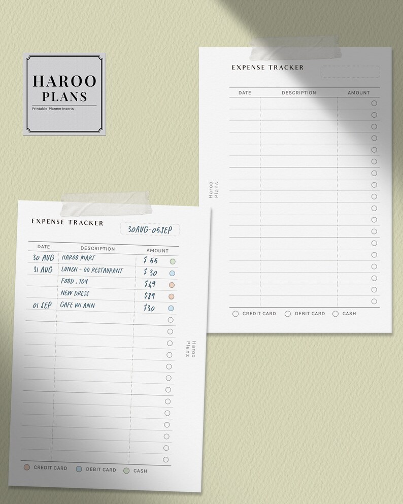 May include: A printable expense tracker with a white background and black text. The tracker includes columns for date, description, and amount. There are checkboxes for credit card, debit card, and cash payment methods. The tracker is titled "Expense Tracker" and includes the dates "30AUG-05SEP".