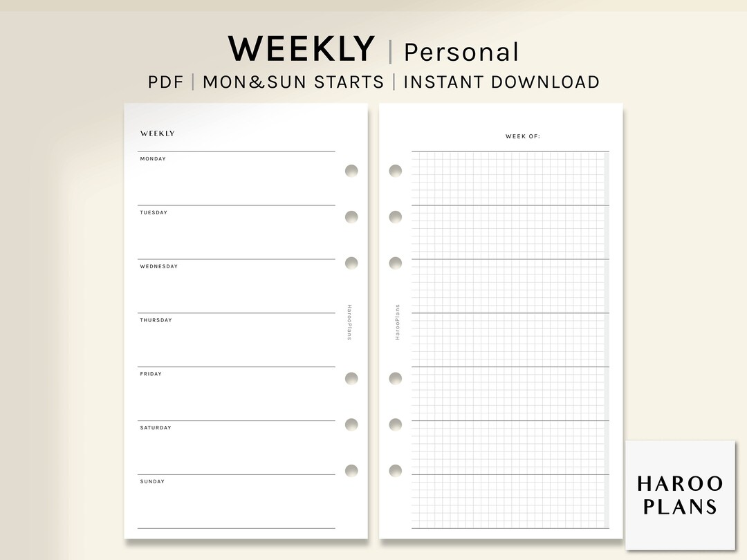 Undated Weekly | Personal Size Printable Planner Inserts | Simple WO1P ...
