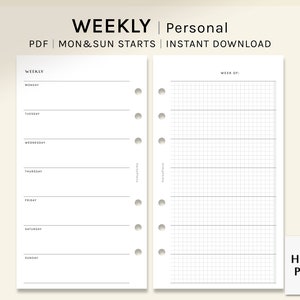 Undated Weekly | Personal Size Printable Planner Inserts | Simple WO1P with Grid Notes Template PDF | Planning Organizer | Digital Download