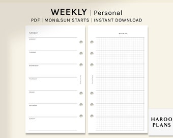 May include: Printable weekly planner pages for a personal size planner. The left page has a list of days of the week, Monday through Sunday. The right page is a grid with lines and a space for the week number. The text "WEEKLY Personal PDF | MON&SUN STARTS | INSTANT DOWNLOAD" is at the top of the page. The text "HAROO PLANS" is at the bottom of the page.