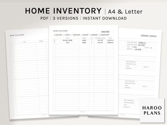 Home Inventory | A4, US Letter Printable Planner Inserts | Household Supplies Tracker Template | House Items List PDF | Digital Download
