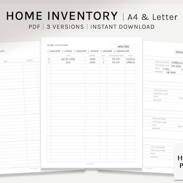 Home Inventory | A4, US Letter Printable Planner Inserts | Household Supplies Tracker Template | House Items List PDF | Digital Download