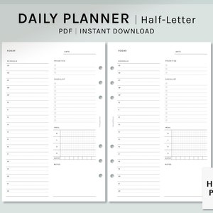 May include: A printable daily planner in half-letter size. The planner has two pages with sections for schedule, priorities, checklist, meal, and notes. The text "TODAY" and "DATE" are at the top of each page. The text "DAILY PLANNER | Half-Letter" and "PDF | INSTANT DOWNLOAD" are at the top of the page. The text "HAROO PLANS" is at the bottom right corner of the page.