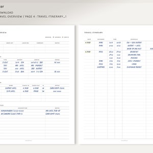 May include: A printable travel planner with sections for travel overview and itinerary. The planner includes sections for car rental, transportation, accommodation, activities, and notes. The itinerary section includes columns for date, category, time, schedule, and notes.