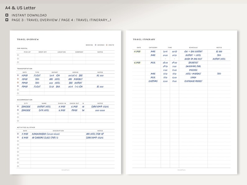 May include: A printable travel planner with sections for travel overview and itinerary. The planner includes sections for car rental, transportation, accommodation, activities, and notes. The itinerary section includes columns for date, category, time, schedule, and notes.