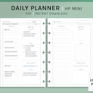 May include: A daily planner with a black and white design. The planner has a section for scheduling, priorities, tasks, and notes. It also includes a water tracker and a space for a mood tracker. The planner is labeled "Daily Planner | HP Mini" and "Haroo Plans".