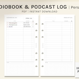 Könnte beinhalten: Ein druckbares PDF-Logbuch zum Verfolgen von Hörbüchern und Podcasts. Das Logbuch ist in zwei Abschnitte unterteilt, einen für Hörbücher und einen für Podcasts. Jeder Abschnitt hat Spalten für Titel, Autor/Kanal und Bewertung. Das Logbuch enthält auch einen Notizbereich für jeden Eintrag.