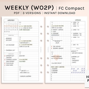 Könnte beinhalten: Eine Wochenplanerseite mit einem Kalender, einer Checkliste und einer To-Do-Liste. Der Planer ist für ein kompaktes Format konzipiert und hat ein Rasterlayout. Die Seite ist mit "Weekly (WO2P) | FC Compact" betitelt.