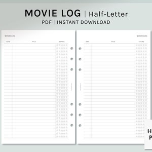 Movie Log | Half-Letter Printable Planner Inserts | Film Tracker Template PDF | Movies to Watch List | Cinema Log Layout | Digital Download