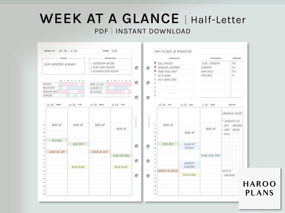 Week at a Glance | Half-letter Ring Printable Planner Inserts | Weekly ...
