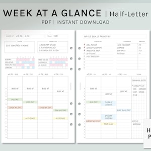 Semana de un vistazo / Inserciones de planificador imprimible de anillo de media letra / Planificador semanal / Hoja de planificación por hora de diseño WO2P / Descarga digital