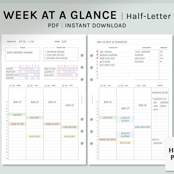 Week at a Glance | Half-Letter Ring Printable Planner Inserts | Weekly Planner | WO2P Layout Hourly Planning Sheet | Digital Download