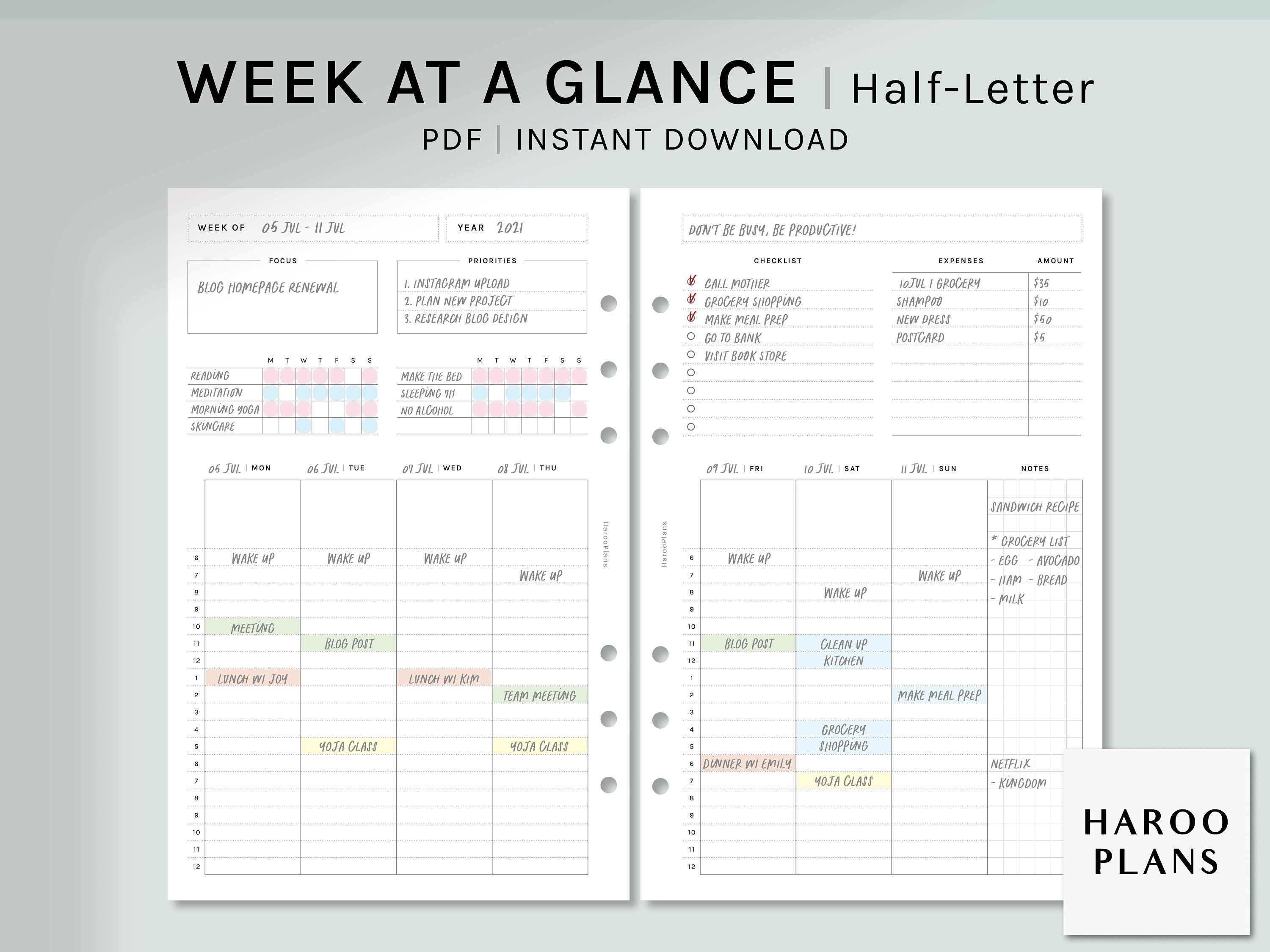 Week at a Glance | Half-letter Ring Printable Planner Inserts | Weekly ...