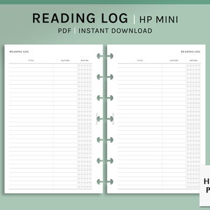May include: A printable reading log for a Happy Planner Mini. The log has two pages with columns for title, author, and rating. The rating is indicated by a row of stars.