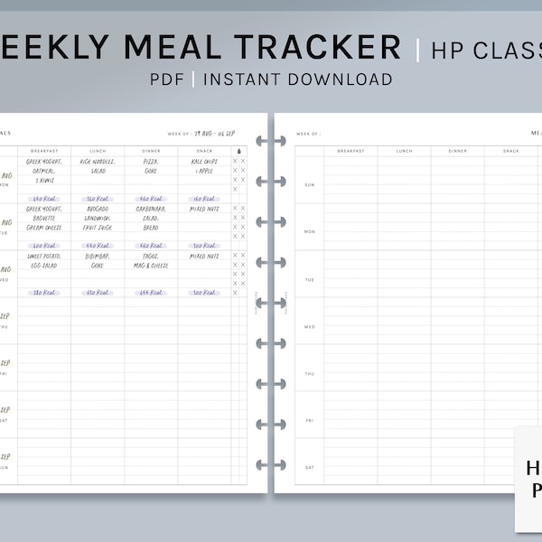 Weekly Meal Tracker | HP Classic Printable Happy Planner Inserts | Food Diet Log Template PDF | Water intake Log Sheets | Digital Download