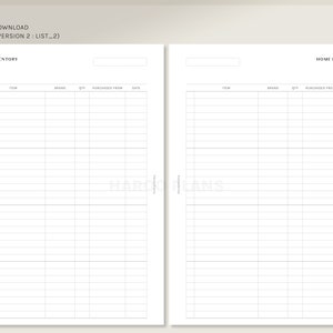 May include: A printable home inventory list with two pages. The list includes columns for item, brand, quantity, purchased from, and date.