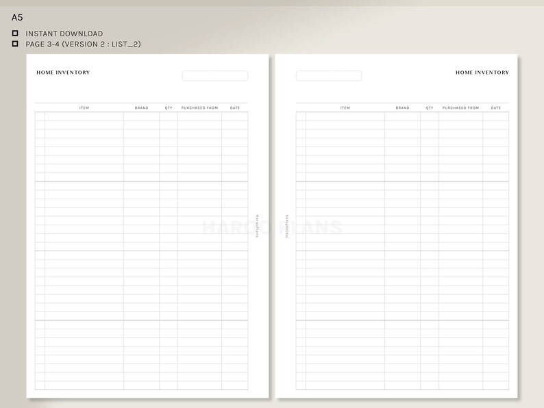 May include: A printable home inventory list with two pages. The list includes columns for item, brand, quantity, purchased from, and date.