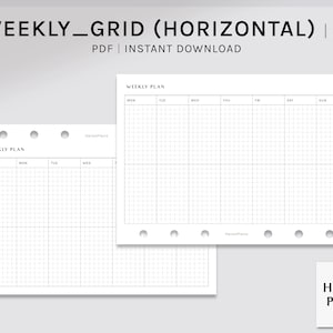 May include: Two printable A6 weekly planner pages with a grid layout. The pages are designed for use in a ring binder and have holes punched along the left edge. The top page has the days of the week listed across the top, while the bottom page has the days of the week listed down the left side. Both pages have the text "Weekly Plan" at the top.