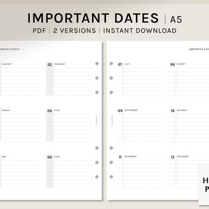 Important Dates | A5 Ring | Printable Planner Inserts | 2 Versions | Birthday Tracker | Anniversary Event Calendar Sheet | Digital Download