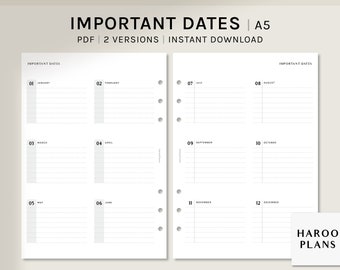 Important Dates | A5 Ring | Printable Planner Inserts | 2 Versions | Birthday Tracker | Anniversary Event Calendar Sheet | Digital Download