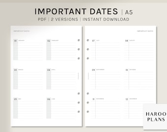 Important Dates | A5 Ring | Printable Planner Inserts | 2 Versions | Birthday Tracker | Anniversary Event Calendar Sheet | Digital Download