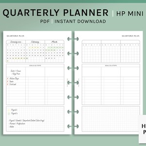 May include: A printable quarterly planner for HP Mini planners. The planner includes three monthly calendar pages, goal setting pages, and project planning pages. The planner is designed in a minimalist style with black text on a white background.