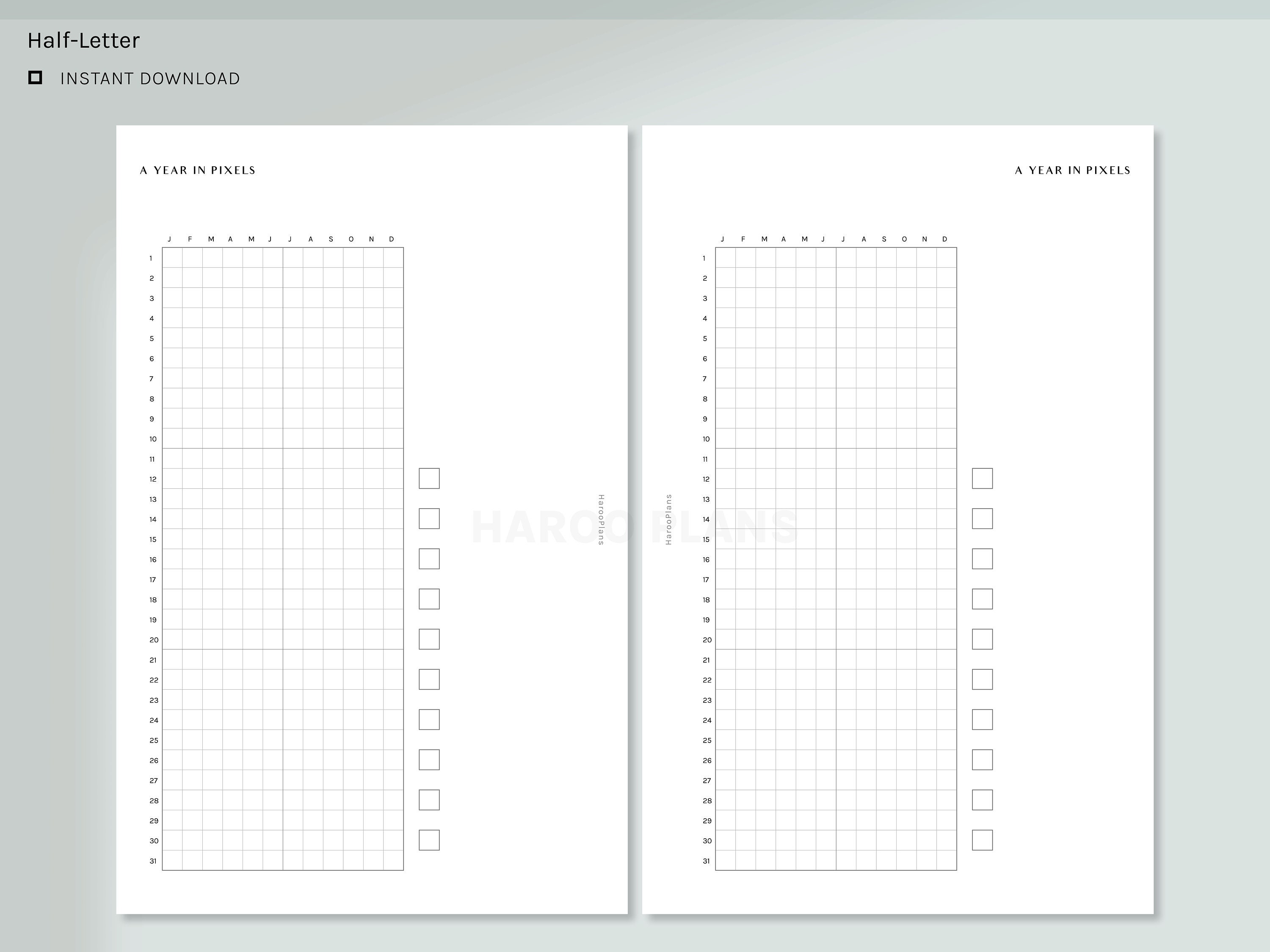 A Year in Pixels Sheet | Half-letter Printable Planner Inserts | Simple ...