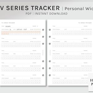 Könnte beinhalten: Ein druckbarer TV-Serien-Tracker-Planer mit weißem Hintergrund und schwarzem Text. Der Planer hat Abschnitte für Titel, Gesamtzahl der Folgen, Datum, Staffel und Bewertung. Der Planer ist für den persönlichen Gebrauch konzipiert und steht als sofortiger Download zur Verfügung.