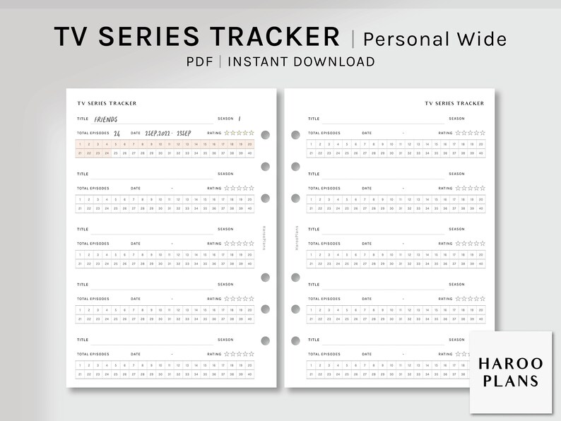May include: A printable TV series tracker planner with a white background and black text. The planner has sections for title, total episodes, date, season, and rating. The planner is designed for personal use and is available as an instant download.