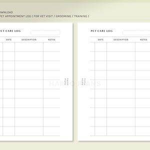May include: A printable pet care log with two pages. Each page has columns for date, description, and notes. The title "Pet Care Log" is at the top of each page.