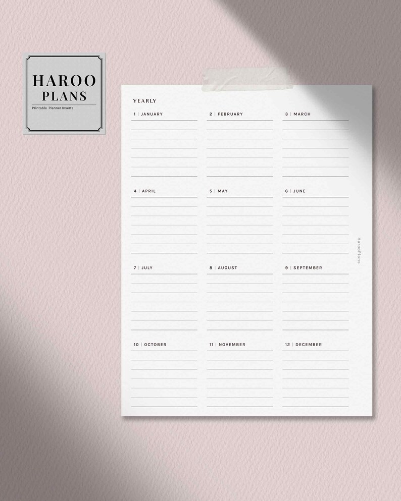 Yearly Planner | B6 Ring Printable Inserts | Blank Yearly Overview Template | YO1P Yearly Goal | Year at a glance PDF | Digital Download image 3