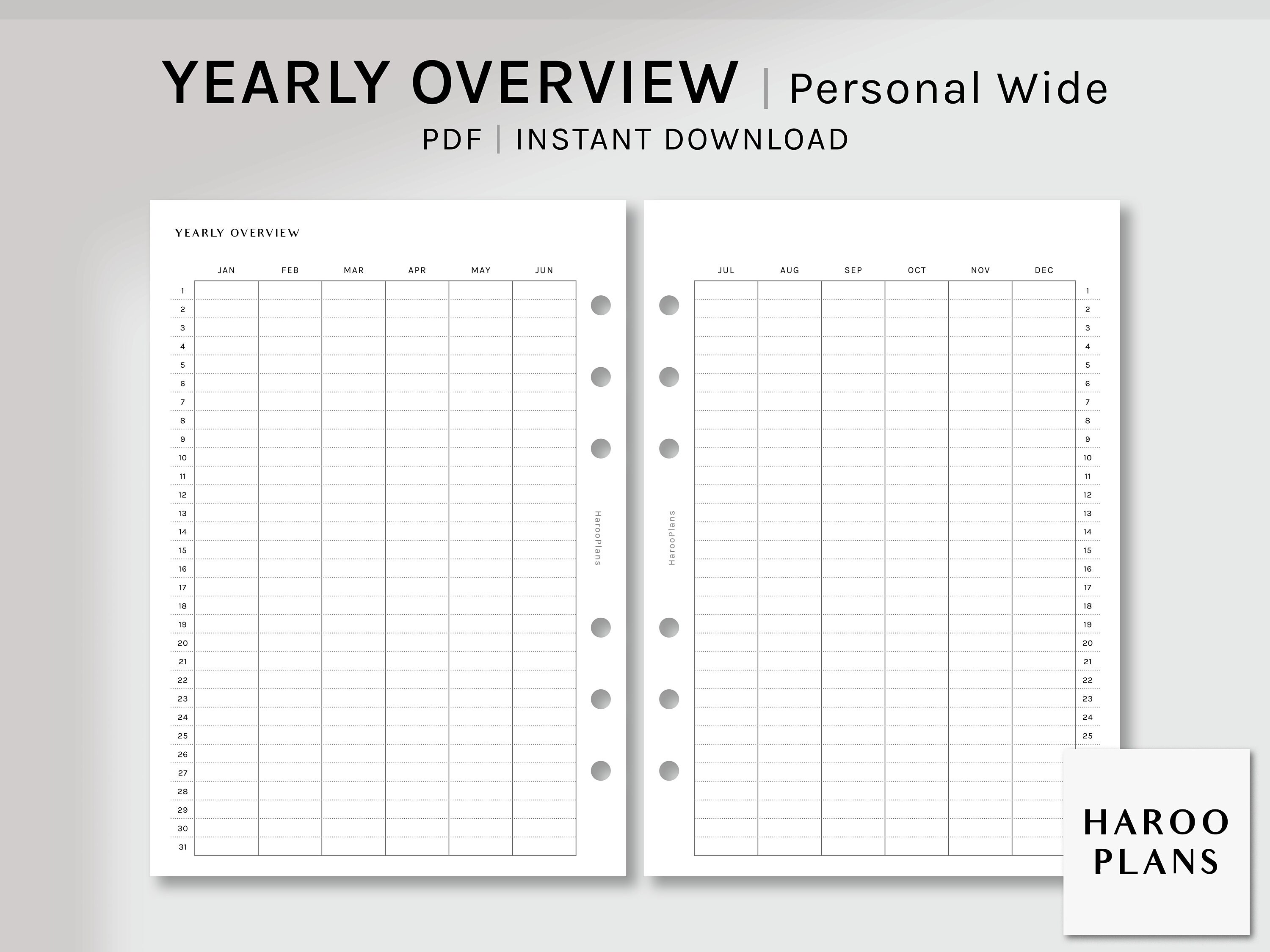 Yearly Overview | Personal Wide Printable Planner Inserts | YO2P Year ...