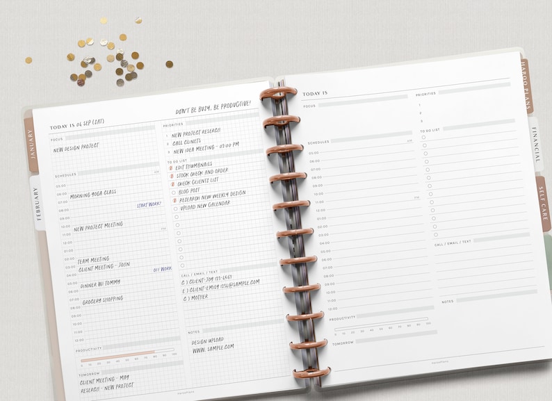 K&ouml;nnte beinhalten: Ein Tagesplaner mit wei&szlig;em Hintergrund und schwarzen Gitterlinien. Der Planer hat einen Bereich f&uuml;r "Heute ist" und einen Bereich f&uuml;r "Sei nicht besch&auml;ftigt, sei produktiv!" mit einer Liste von Aufgaben. Der Planer hat auch einen Bereich f&uuml;r "Zeitpl&auml;ne" und einen Bereich f&uuml;r "Priorit&auml;ten".