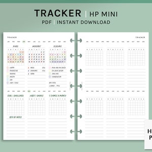 May include: A printable tracker for a Happy Planner mini, with monthly calendar grids, habit trackers, and goal setting sections. The tracker is designed for a variety of uses, including mood tracking, workout tracking, reading logs, and more.