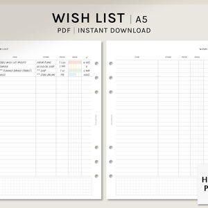 Wunschliste | A5 druckbare Kalendereinlagen | Wunschliste Vorlage | Shopping Tracker Bogen | Dinge zu kaufen Liste Arbeitsblatt | Digitaler Download