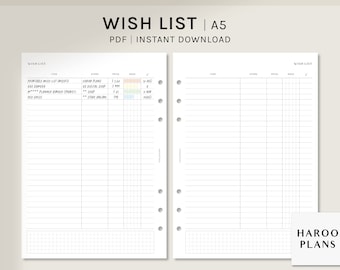 Wish List | A5 Printable Planner Inserts | Wishlist Template | Shopping Tracker Sheet | Things To Buy List Worksheet | Digital Download