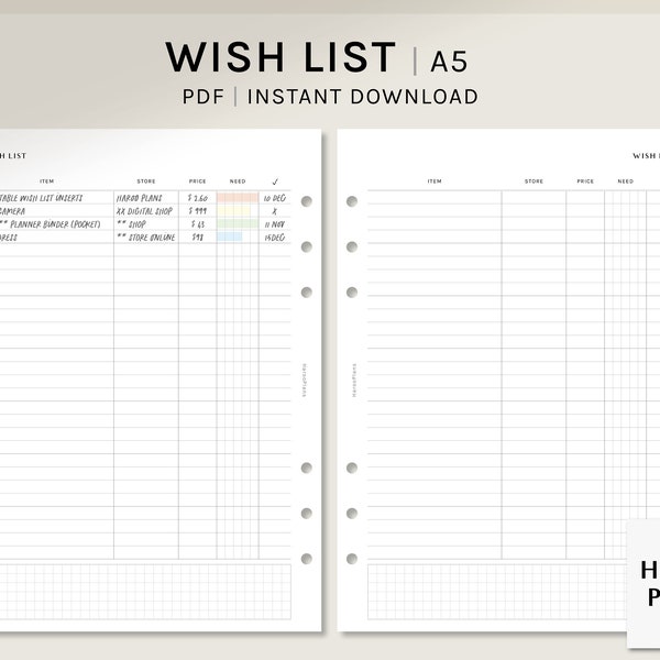 Wish List | A5 Printable Planner Inserts | Wishlist Template | Shopping Tracker Sheet | Things To Buy List Worksheet | Digital Download