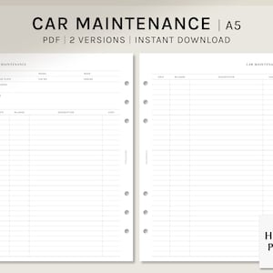Car Maintenance | A5 Printable Planner Inserts | Auto Repair Log | Vehicle Care Service Tracker Worksheet PDF | Digital Download