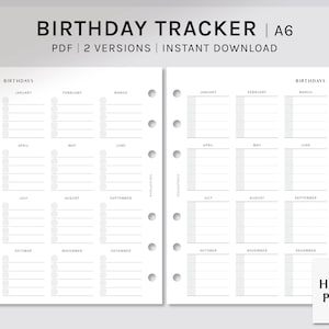 Birthday Tracker | A6 Ring | Printable Planner Inserts | Yearly Overview Template | YO1P Layout | Birthday List Sheet PDF | Digital Download