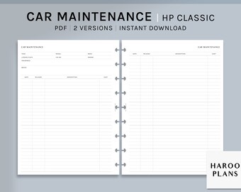May include: A printable car maintenance log with two versions. The log includes sections for date, mileage, description, and cost. The log also includes sections for year, licensed plates, VIN, and engine. The log is titled "Car Maintenance" and is available for instant download.