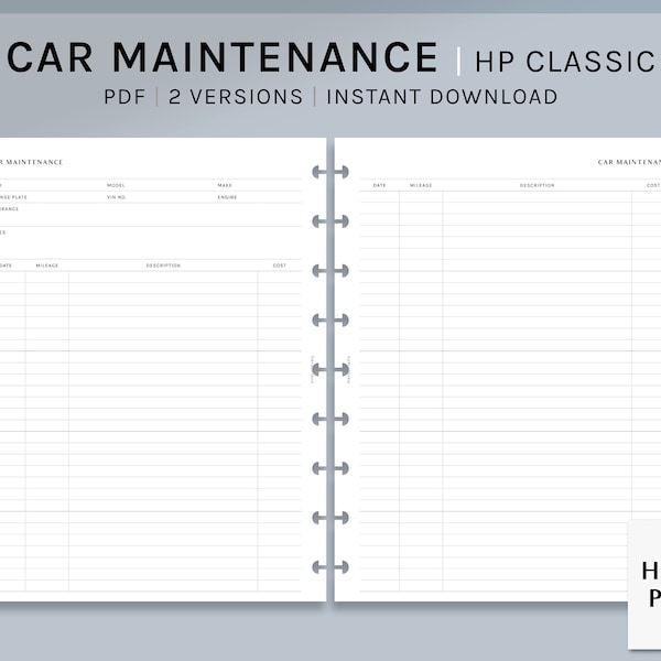 Car Maintenance | HP Classic Printable Happy Planner Inserts | Auto Repair Log | Vehicle Care Service Tracker Template | Digital Download