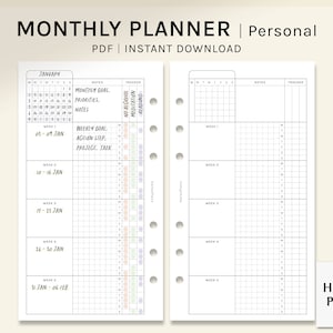 Könnte beinhalten: Ein druckbarer Monats-Planer mit einem Kalender, einem Notizbereich und einem Tracker für Ziele, Prioritäten und Gewohnheiten. Der Tracker enthält Abschnitte für keinen Alkohol, Meditation und Lesen.