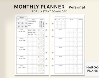 Op de afbeelding: Een printbare maandelijkse planner met een kalender, een notitiegedeelte en een tracker voor doelen, prioriteiten en gewoontes. De tracker bevat secties voor geen alcohol, meditatie en lezen.
