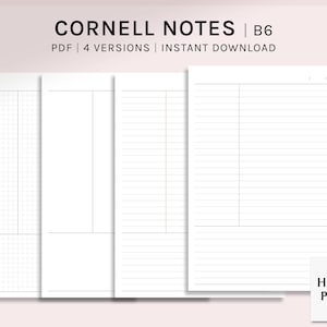 Cornell Notes | B6 Ring Printable Planner Inserts | Siatka, Puste, Arkusze liniowe Szablon | Proste notatki do nauki wykładów PDF | Pobieranie cyfrowe