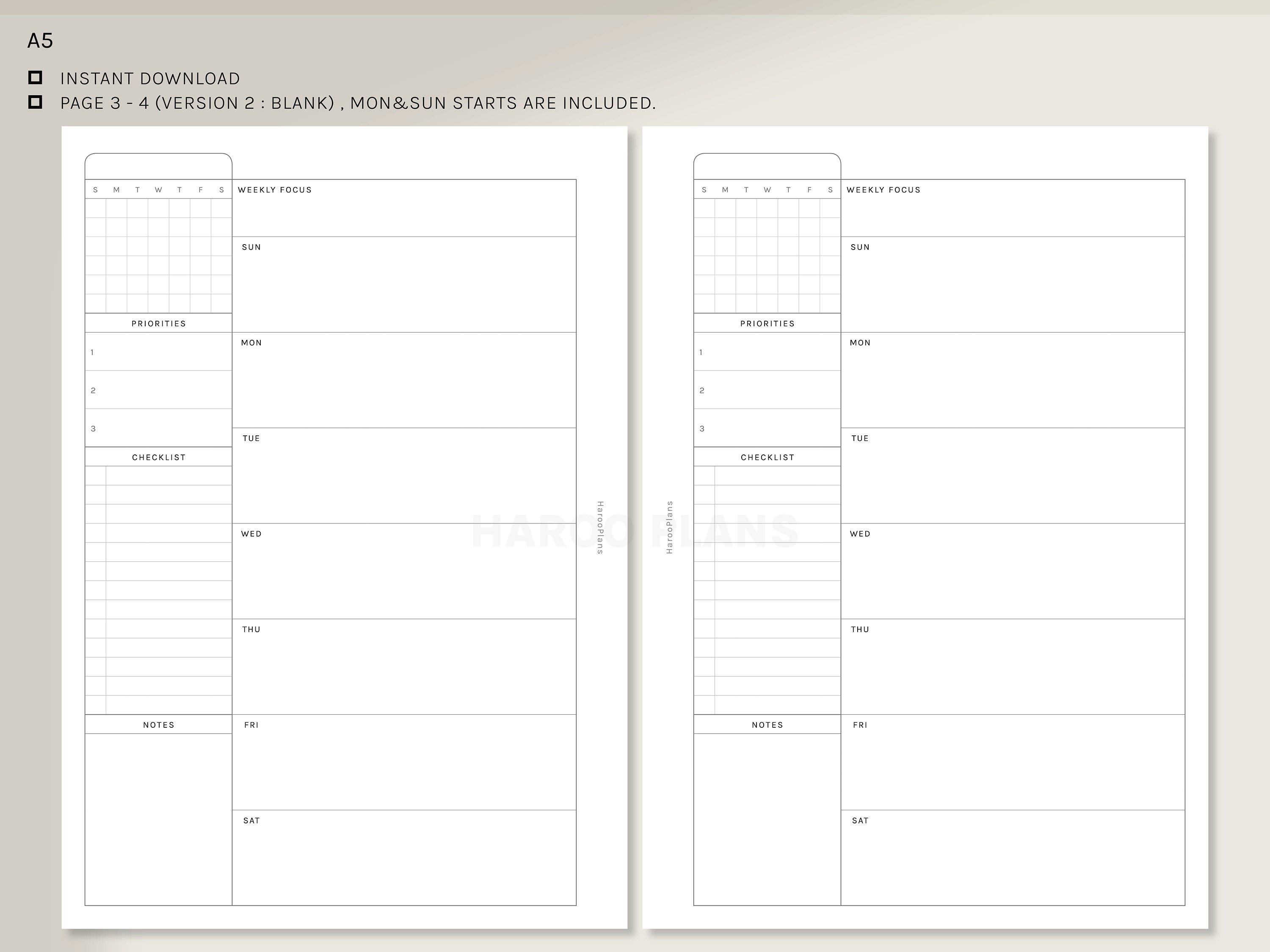 Undated Weekly Planner | A5 Printable Planner Inserts | WO1P Layout ...