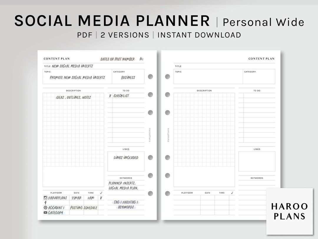 Content Planner | Personal Wide Printable Inserts | Social Media ...