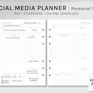 May include: A printable social media planner with two versions, a content plan and a checklist. The planner includes sections for dates, titles, topics, descriptions, to-do lists, links, keywords, platforms, dates, times, and posting schedules. The planner is designed for personal use and is available for instant download.