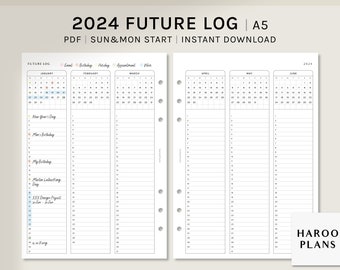 2024 Future Log | A5 Printable Planner Inserts | Yearly Overview Template | Quarterly Calendar PDF | Year at a glance | Digital Download