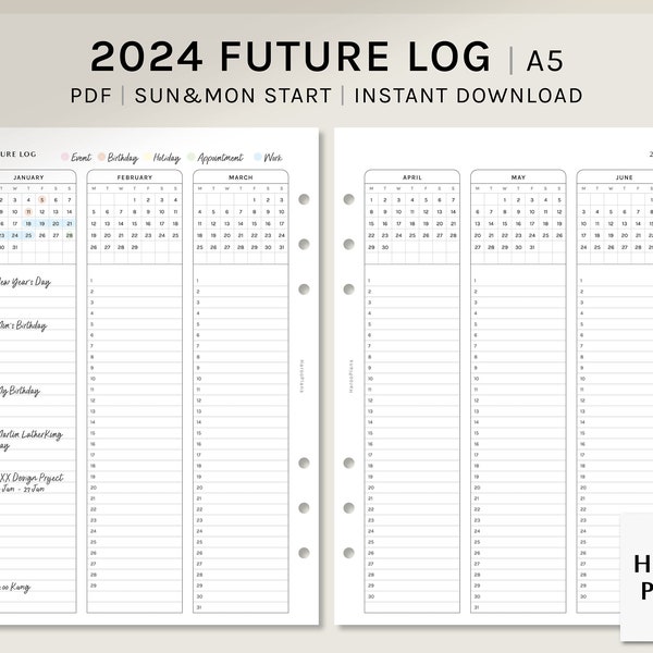 Journal futur 2024 | Inserts de planificateur imprimables A5 | Modèle d’aperçu annuel | Calendrier trimestriel PDF | L'année en un coup d'oeil | Téléchargement numérique