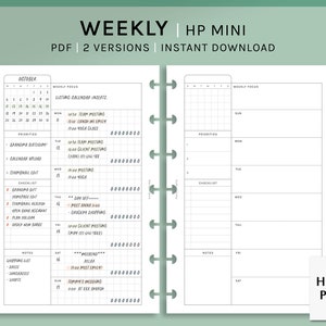 Puede incluir: Un planificador semanal imprimible en blanco y negro para planificadores HP Mini. El planificador incluye un calendario, una sección de enfoque semanal, prioridades, una lista de verificación y secciones de notas. El planificador está diseñado para octubre e incluye el texto "WEEKLY HP MINI" y "HAROO PLANS".